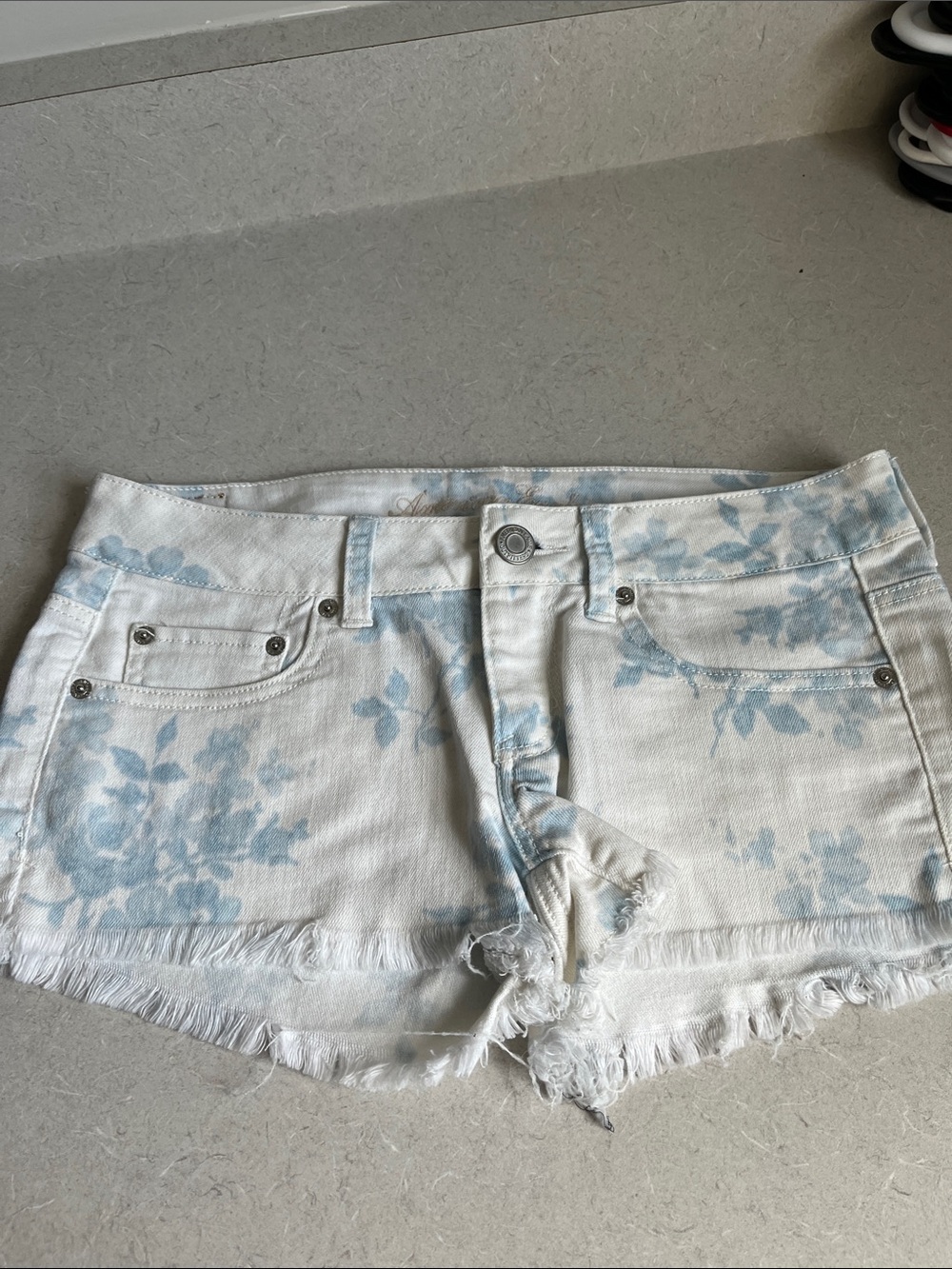 American Eagle Outfitters White Denim Cutoff Shorts with Light Blue Floral